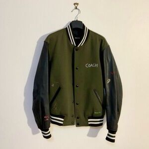 Auth COACH Varsity Leather Sleeve oversized embroidered bomber jacket